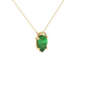 Close-up, pear shape emerald green gemstone, yellow gold pavé basket pendant.