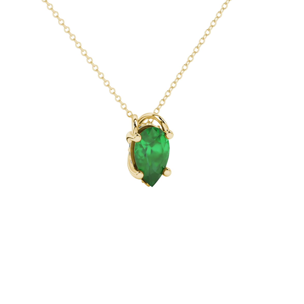 Close-up, pear shape emerald green gemstone, yellow gold pavé basket pendant.