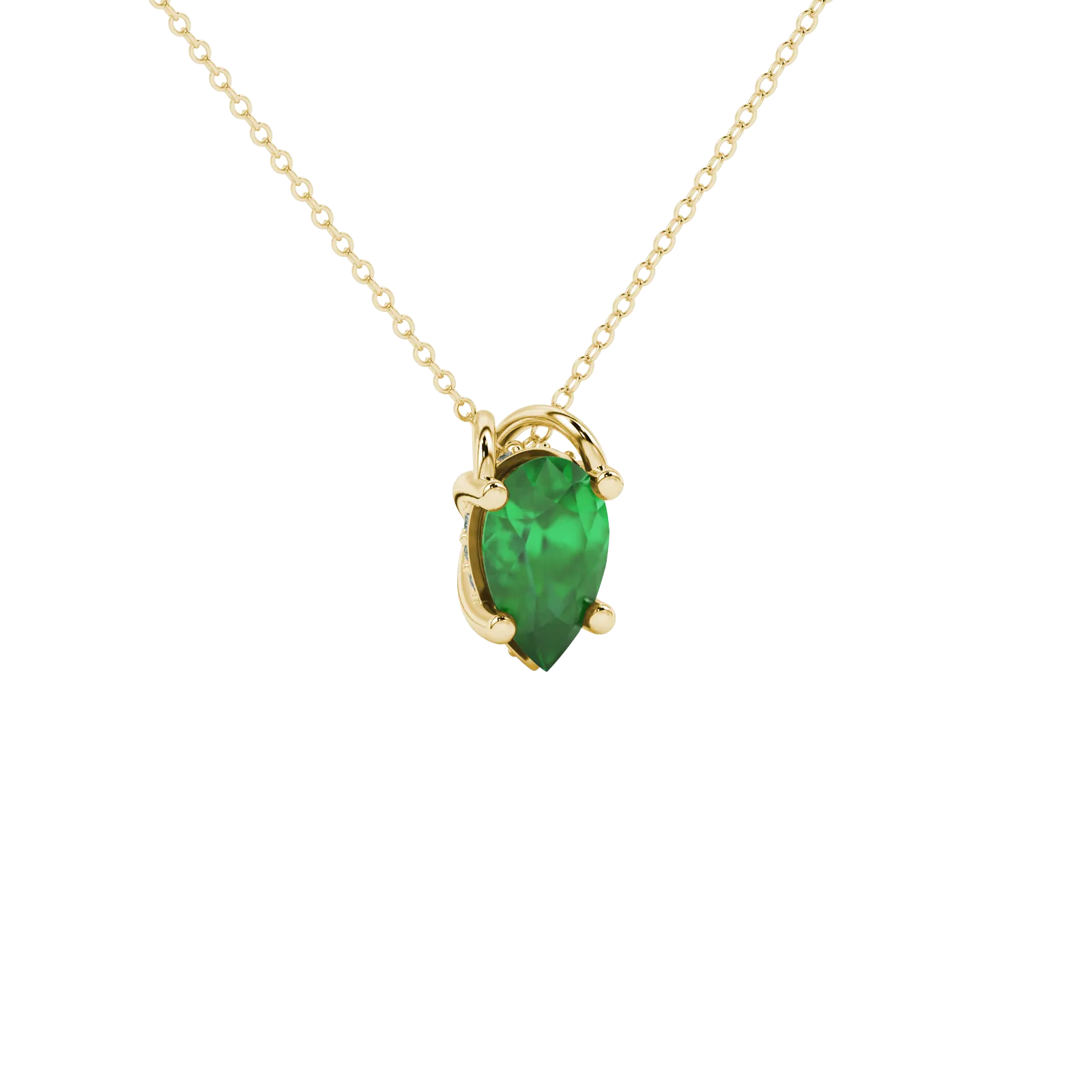 Close-up, pear shape emerald green gemstone, yellow gold pavé basket pendant.