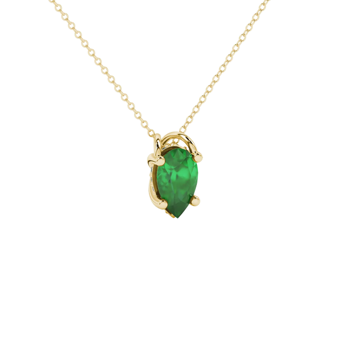 Close-up, pear shape emerald green gemstone, yellow gold pavé basket pendant.