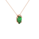 Close-up, pear shape emerald green gemstone pendant, rose gold pavé basket.