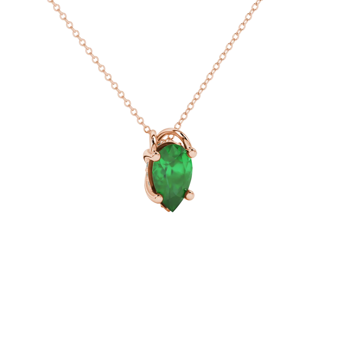 Close-up, pear shape emerald green gemstone pendant, rose gold pavé basket.