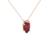 Close-up, pear shape raspberry red gemstone pendant, rose gold pavé basket.