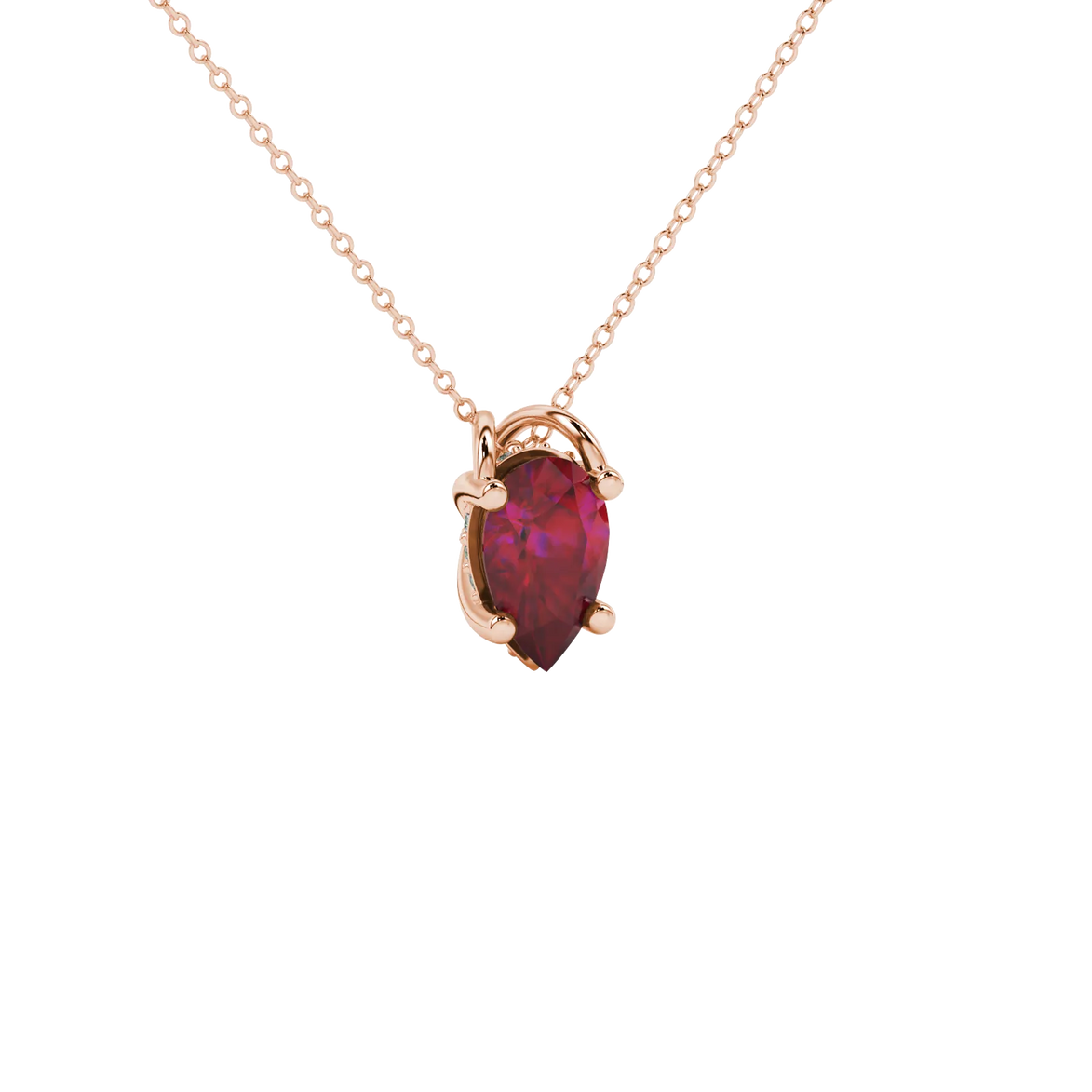 Close-up, pear shape raspberry red gemstone pendant, rose gold pavé basket.