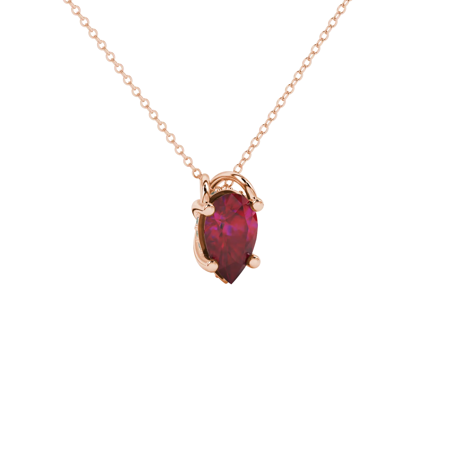 Close-up, pear shape raspberry red gemstone pendant, rose gold pavé basket.