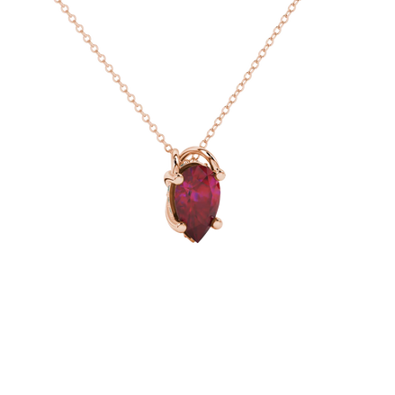 Close-up, pear shape raspberry red gemstone pendant, rose gold pavé basket.