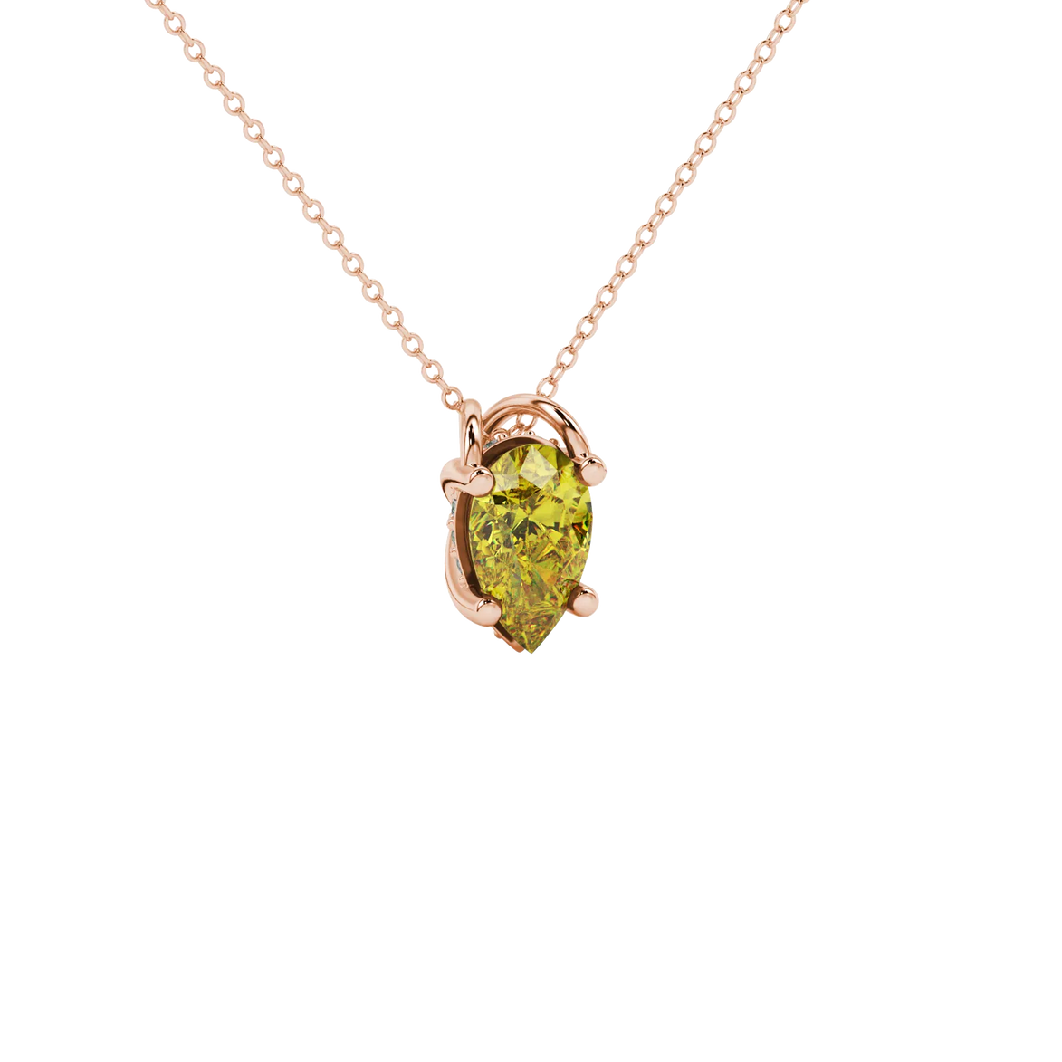 Close-up, pear shape canary yellow gemstone pendant, rose gold pavé basket.