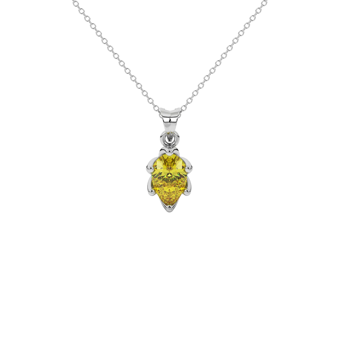 Pear shape canary yellow gemstone pendant, white gold scalloped six-prong setting