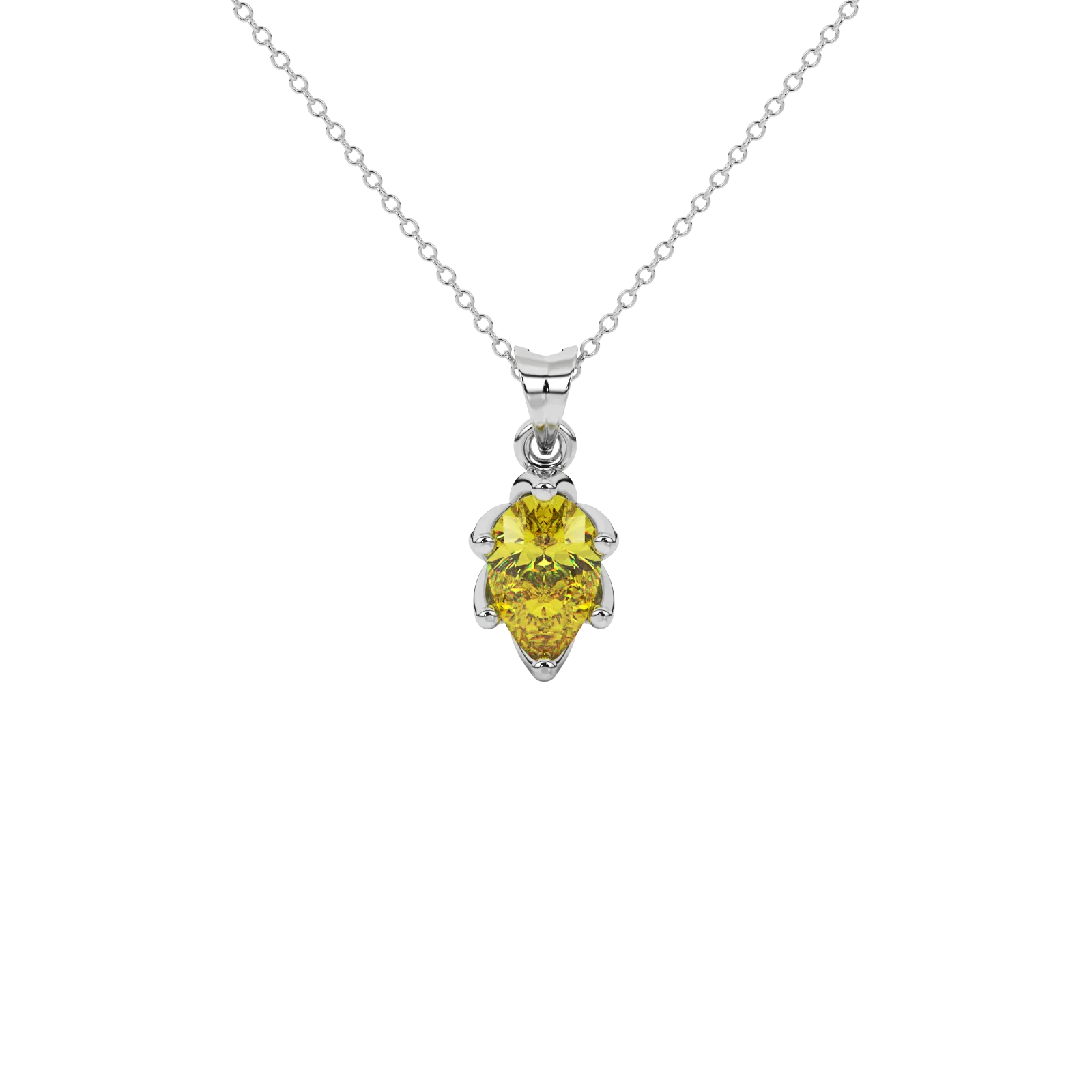Pear shape canary yellow gemstone pendant, white gold scalloped six-prong setting