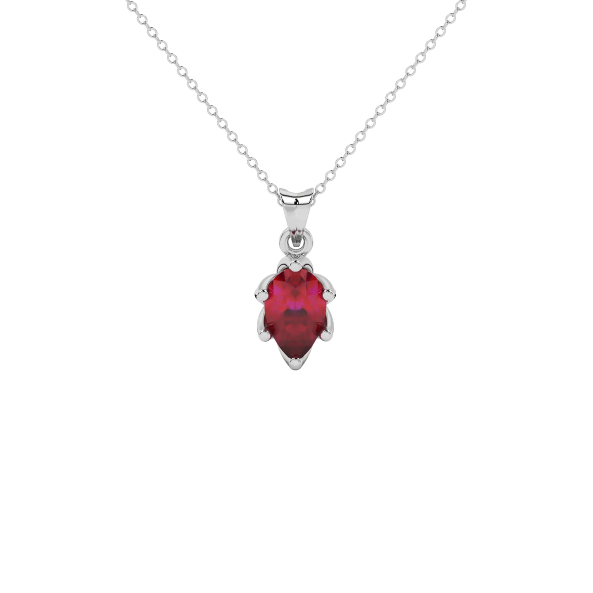 Pear shape raspberry red gemstone pendant, white gold scalloped six-prong setting.
