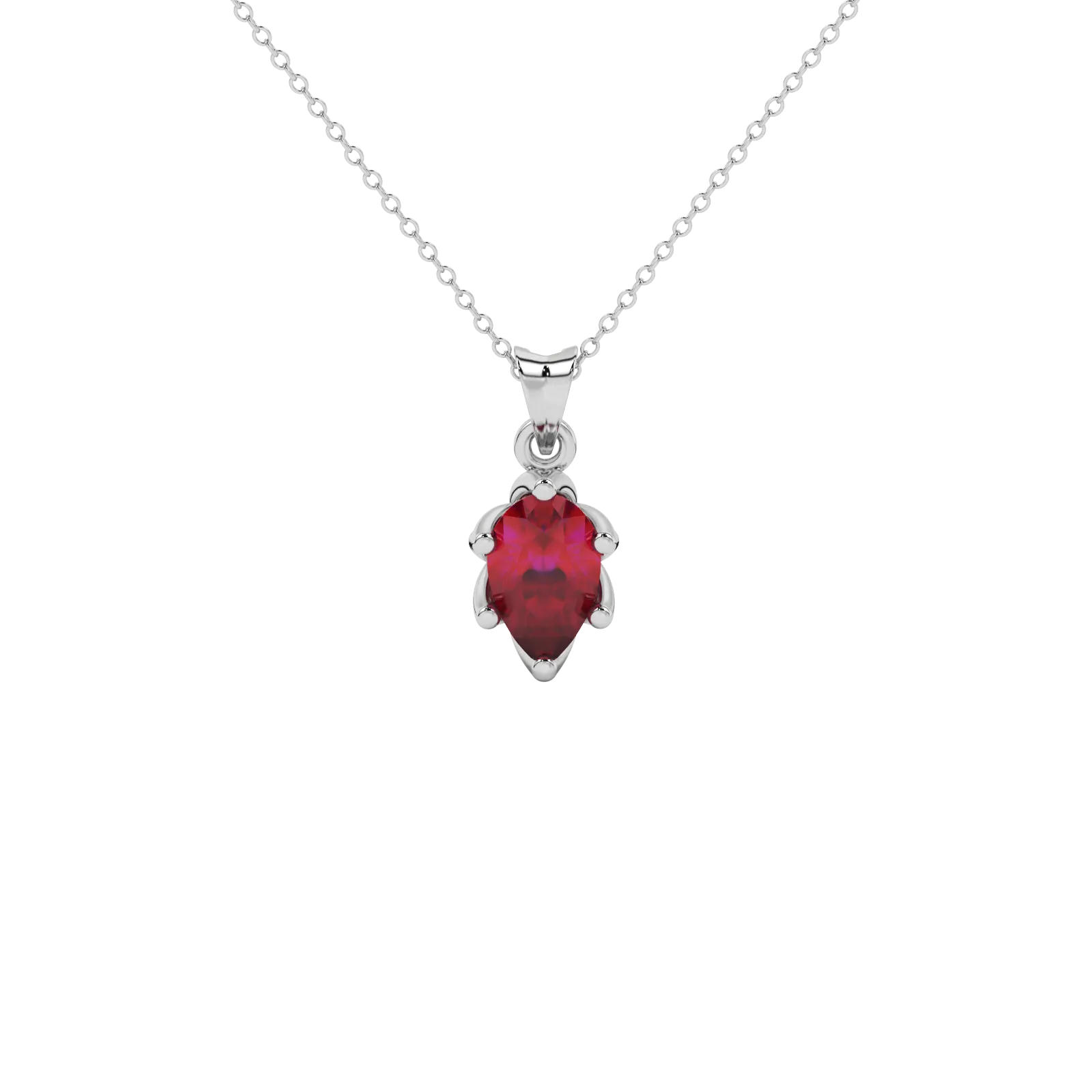 Pear shape raspberry red gemstone pendant, white gold scalloped six-prong setting.