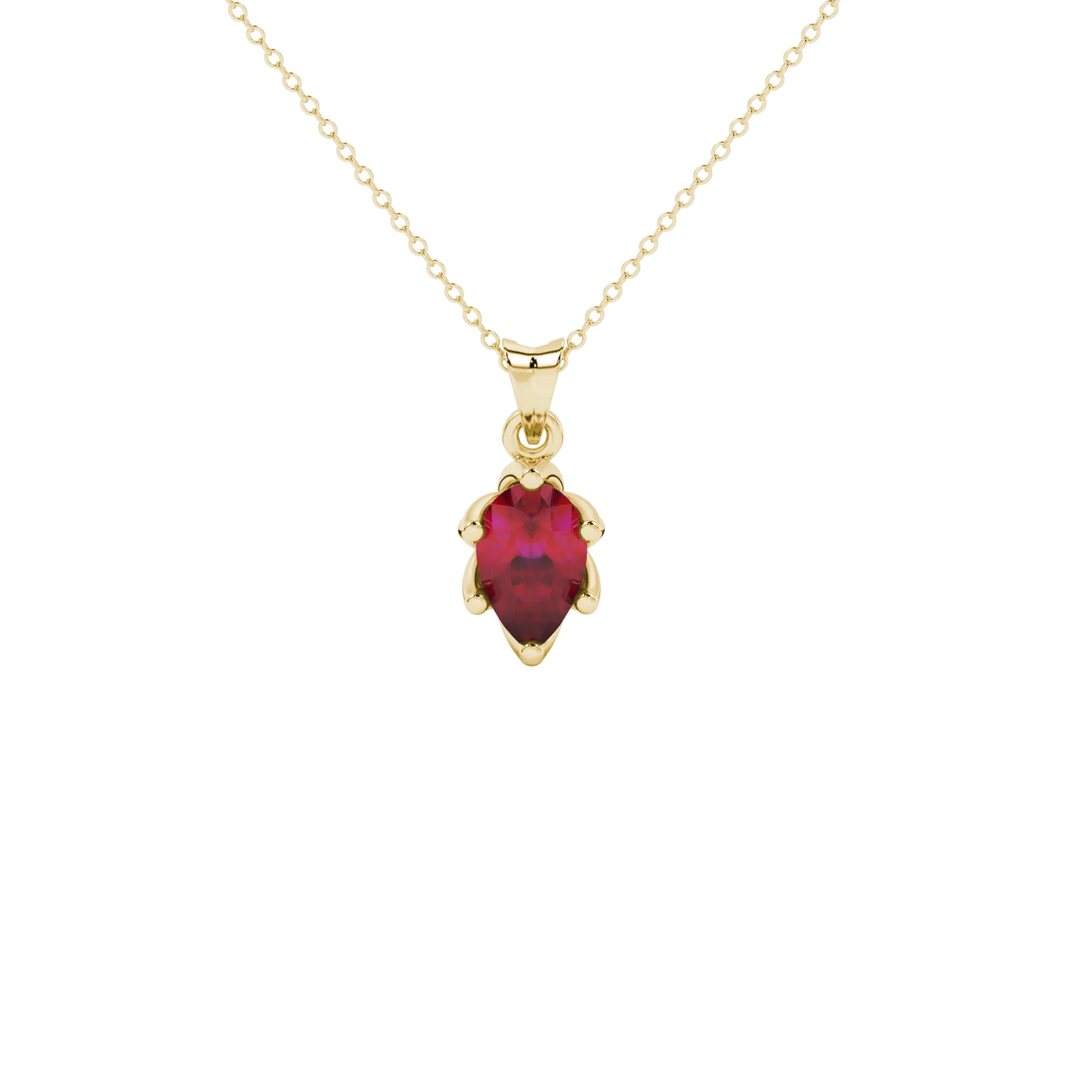 Pear shape raspberry red gemstone pendant, yellow gold scalloped six-prong setting.