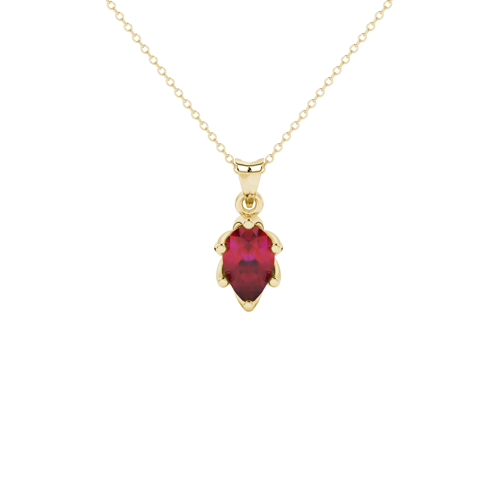 Pear shape raspberry red gemstone pendant, yellow gold scalloped six-prong setting.
