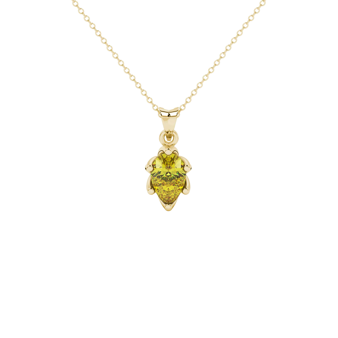 Pear shape canary yellow gemstone pendant, yellow gold scalloped six-prong setting.