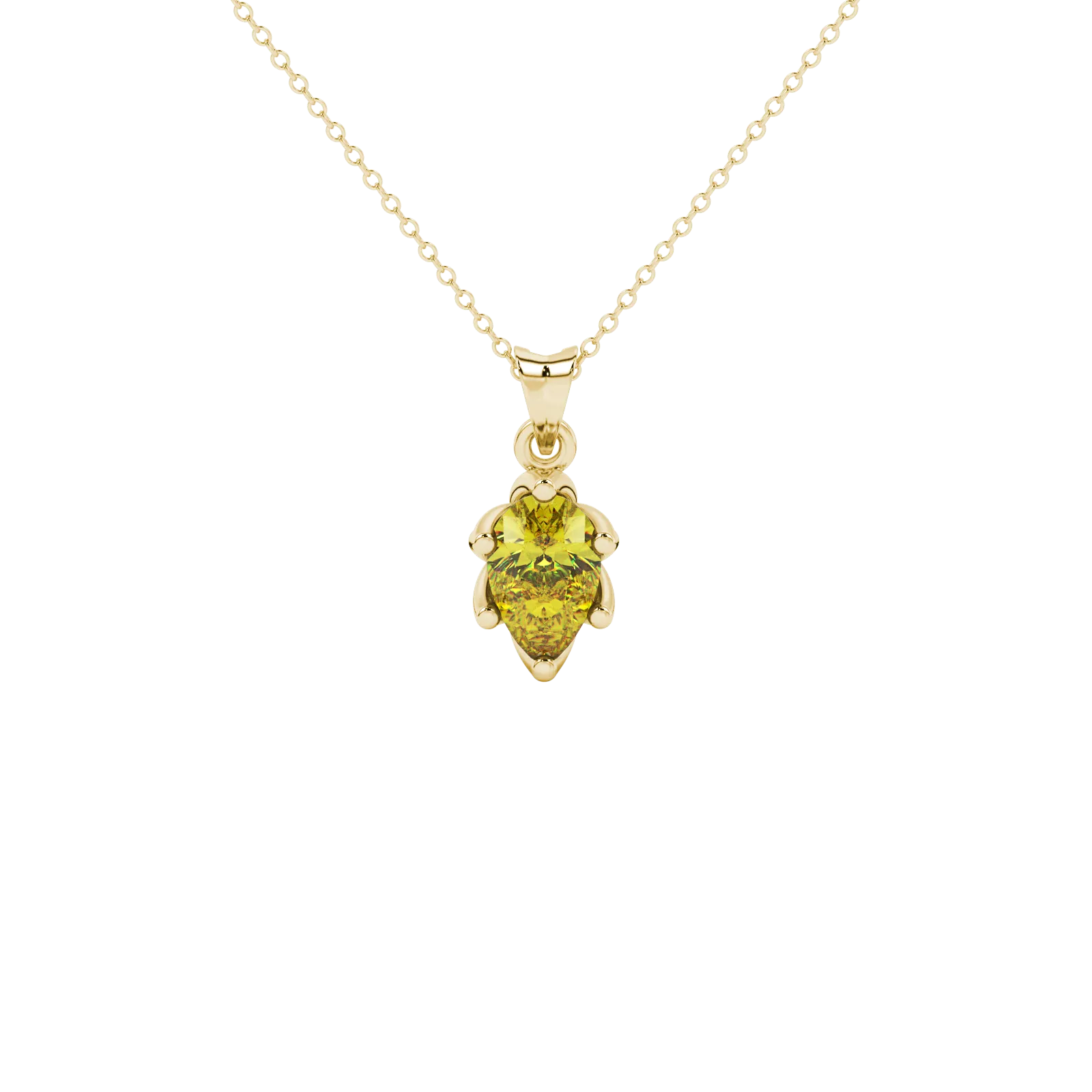 Pear shape canary yellow gemstone pendant, yellow gold scalloped six-prong setting.