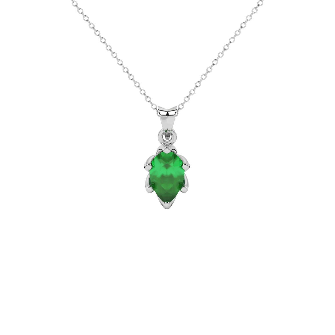 Pear shape emerald green gemstone pendant, white gold scalloped six-prong setting.