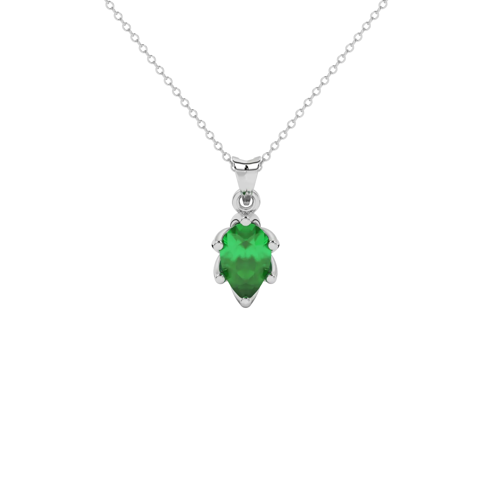 Pear shape emerald green gemstone pendant, white gold scalloped six-prong setting.