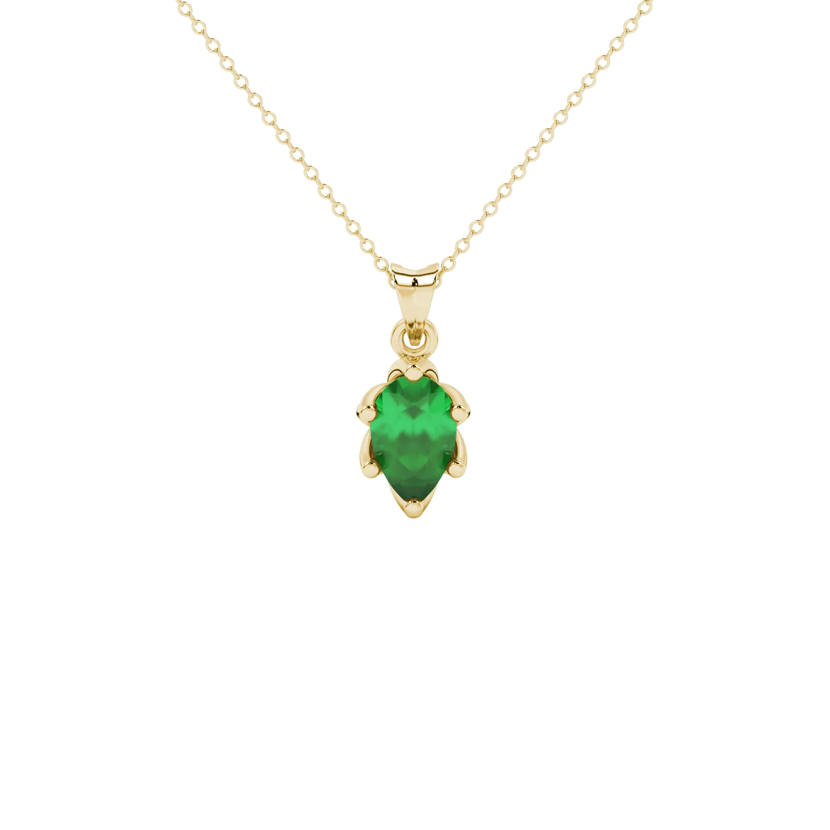 Pear shape emerald green gemstone pendant, yellow gold scalloped six-prong setting.