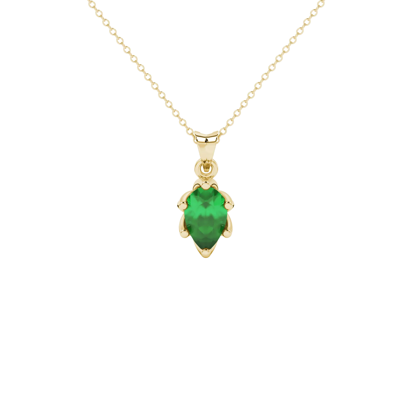 Pear shape emerald green gemstone pendant, yellow gold scalloped six-prong setting.