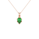 Pear shape emerald green gemstone pendant, rose gold scalloped six-prong setting.