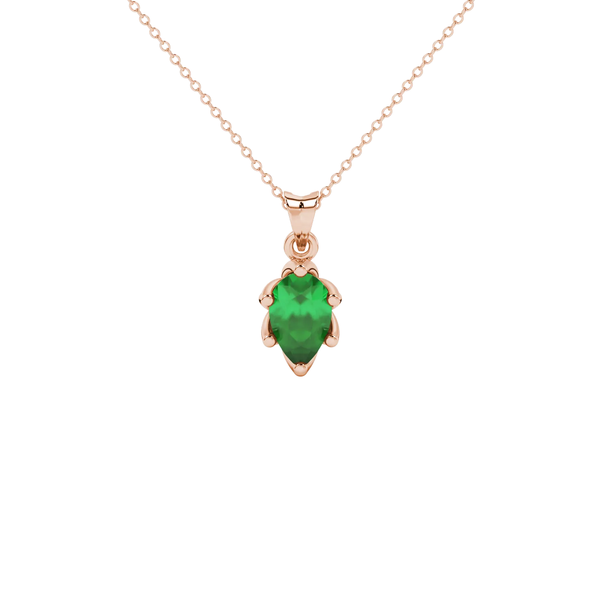 Pear shape emerald green gemstone pendant, rose gold scalloped six-prong setting.