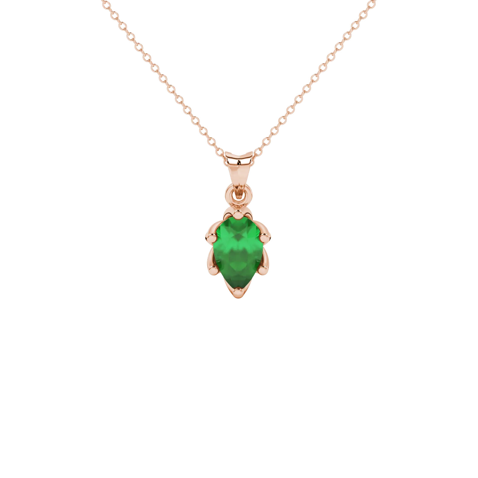 Pear shape emerald green gemstone pendant, rose gold scalloped six-prong setting.