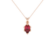 Pear shape raspberry red gemstone pendant, rose gold scalloped six-prong setting.