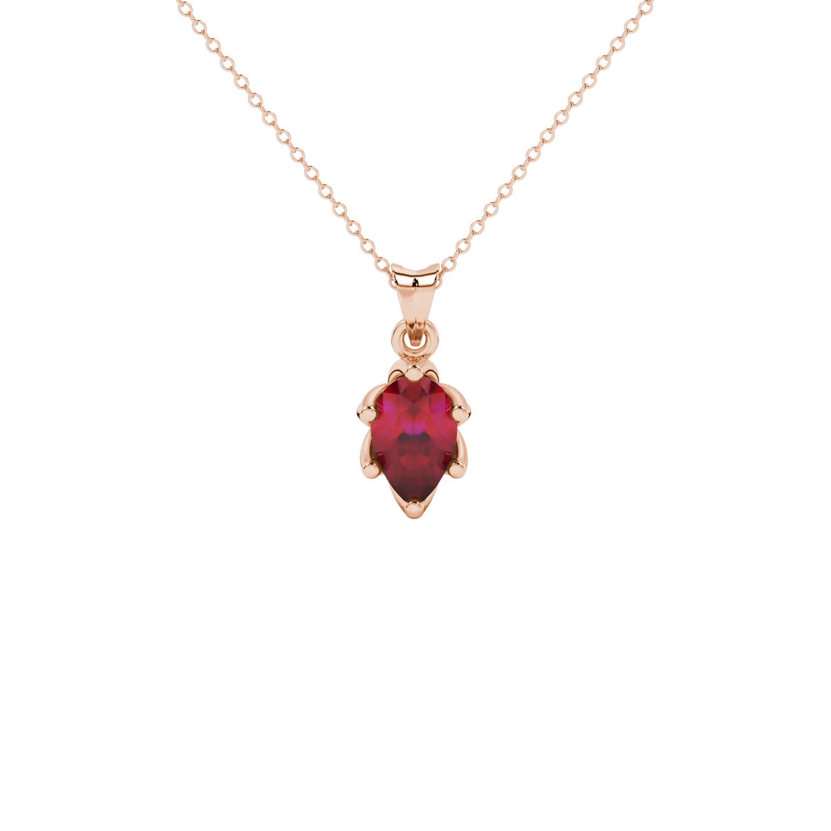 Pear shape raspberry red gemstone pendant, rose gold scalloped six-prong setting.