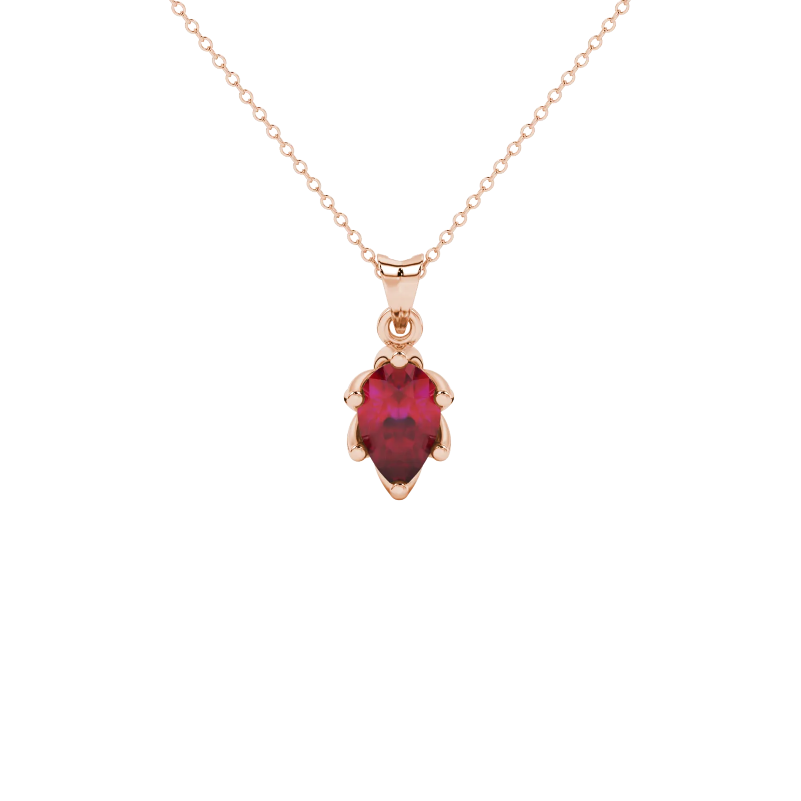 Pear shape raspberry red gemstone pendant, rose gold scalloped six-prong setting.