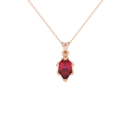 Pear shape raspberry red gemstone pendant, rose gold scalloped six-prong setting.