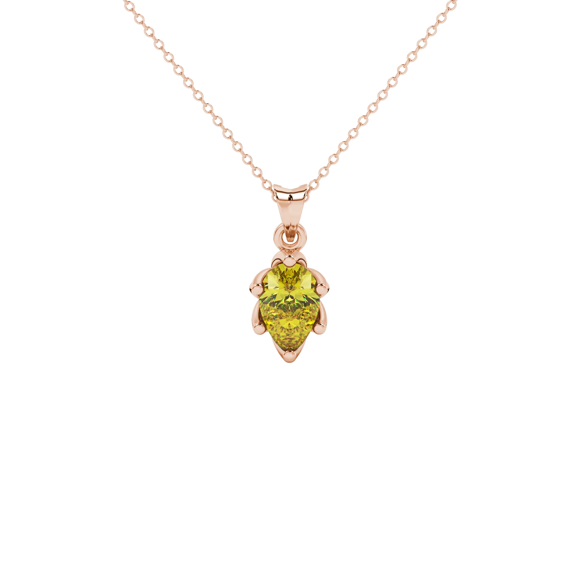 Pear shape canary yellow gemstone pendant, rose gold scalloped six-prong setting.