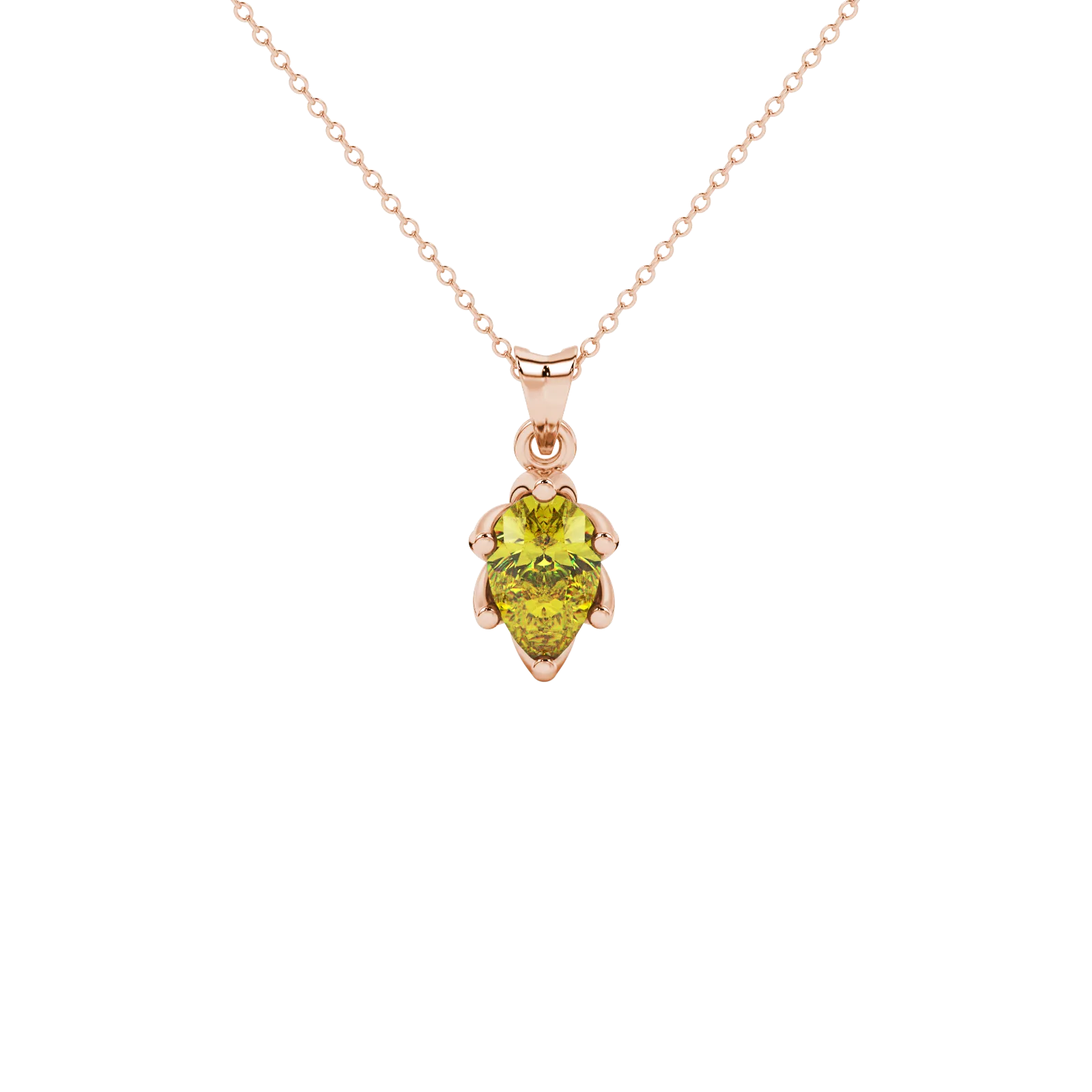 Pear shape canary yellow gemstone pendant, rose gold scalloped six-prong setting.