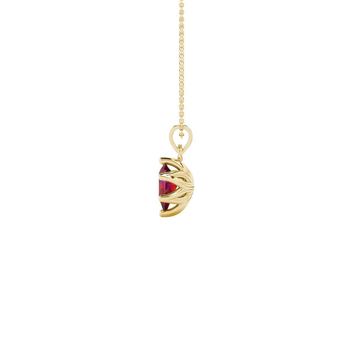 Side profile, yellow gold raspberry red pendant, scalloped six-prong gallery.