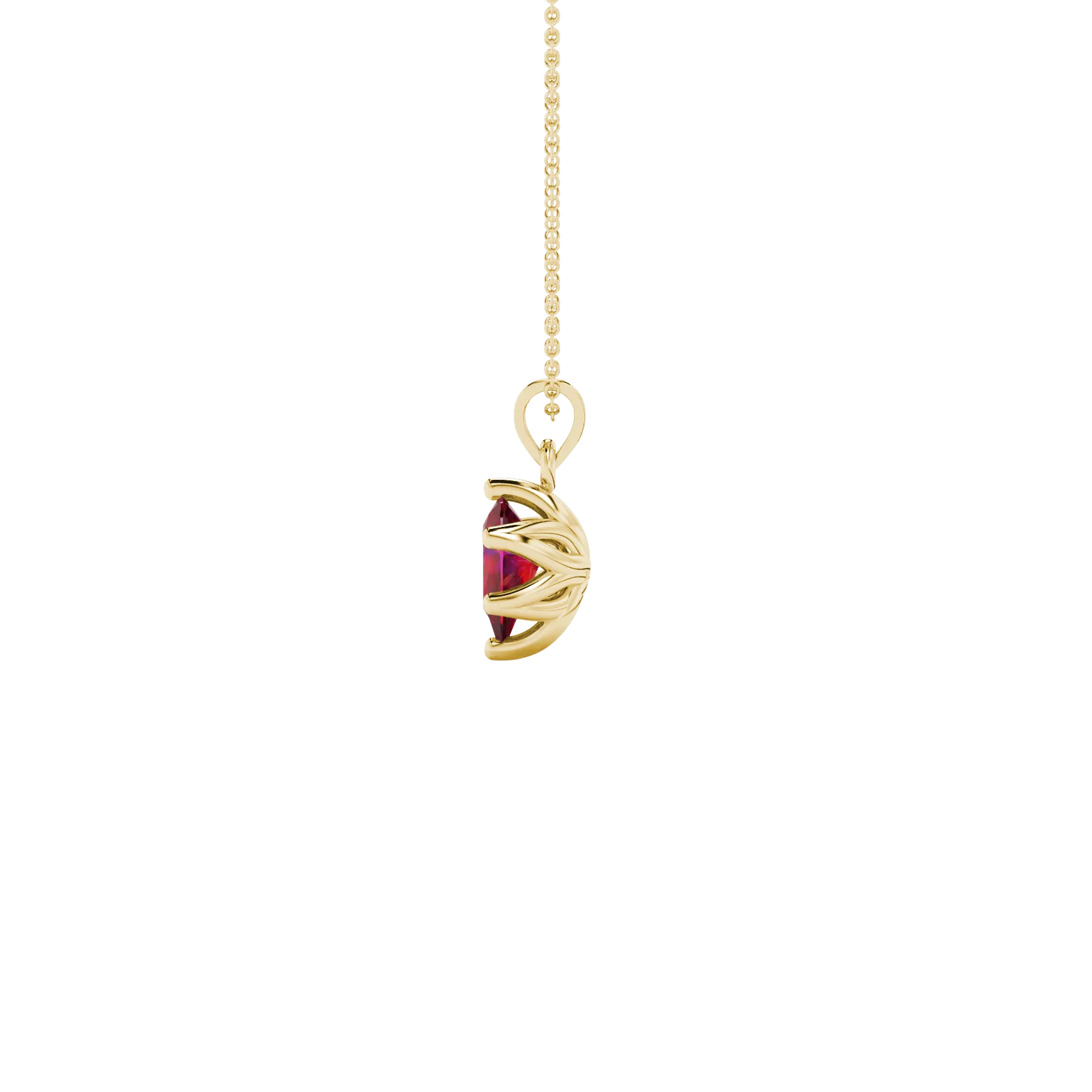 Side profile, yellow gold raspberry red pendant, scalloped six-prong gallery.