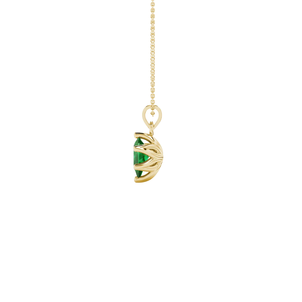 Side profile, yellow gold emerald green pendant, scalloped six-prong gallery.