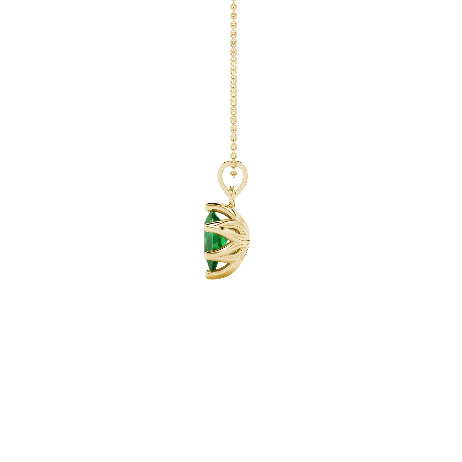Side profile, yellow gold emerald green pendant, scalloped six-prong gallery.