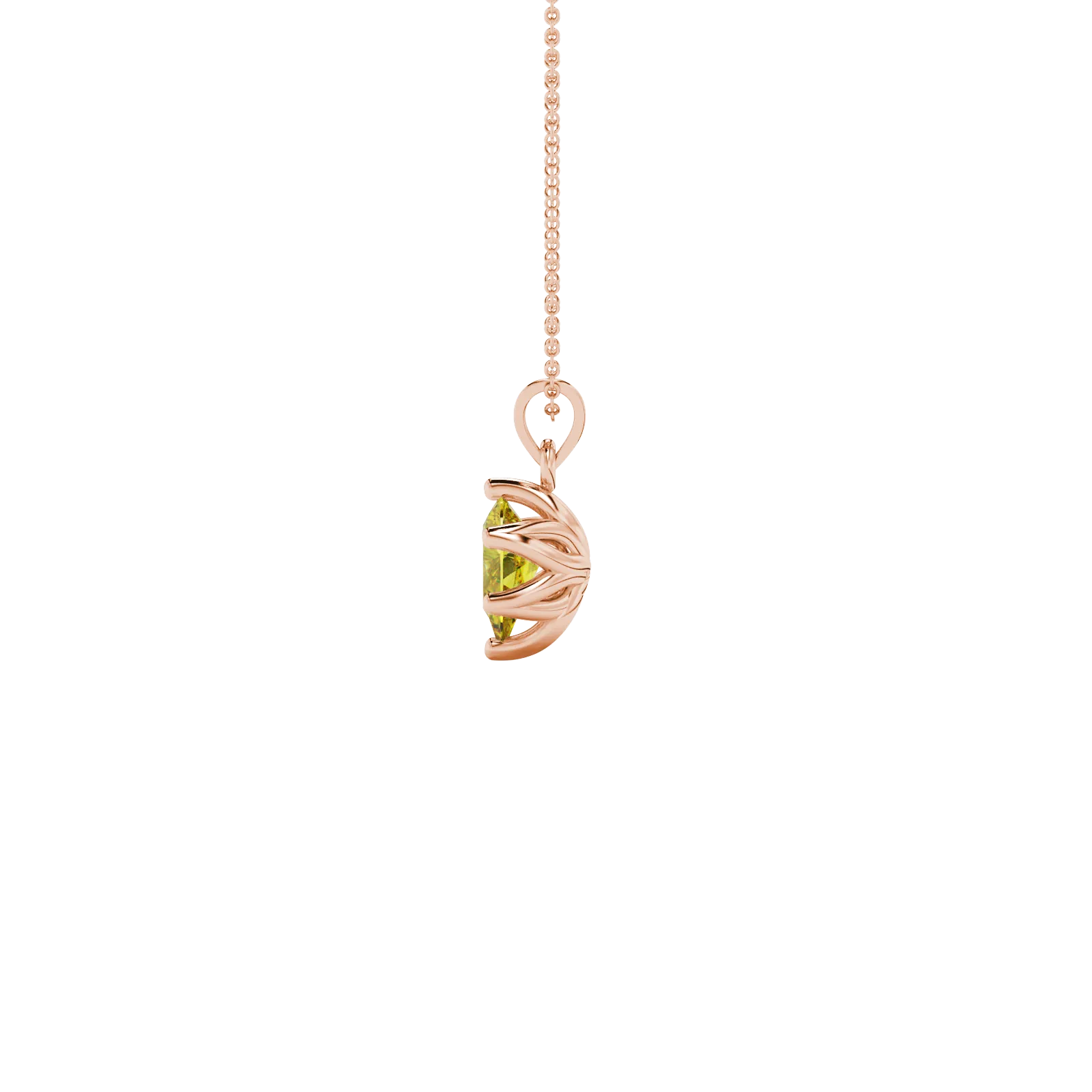 Side profile, rose gold canary yellow pendant, scalloped six-prong gallery.