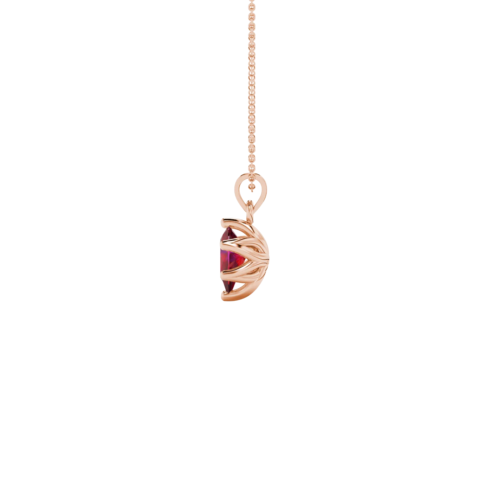 Side profile, rose gold raspberry red pendant, scalloped six-prong gallery.