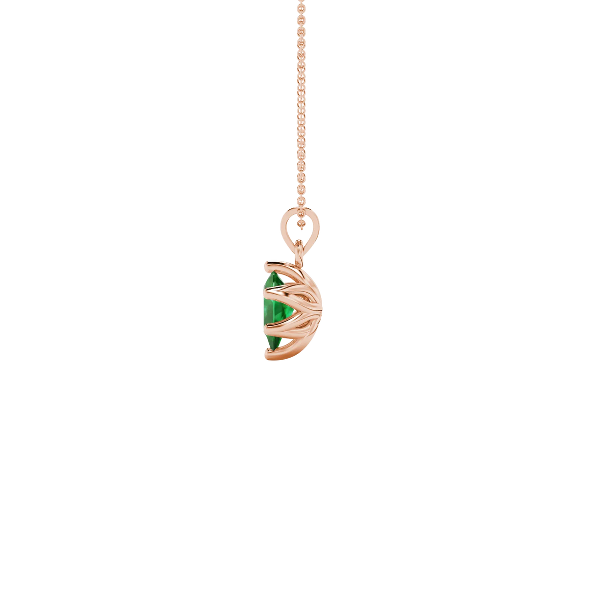 Side profile, rose gold emerald green pendant, scalloped six-prong gallery.