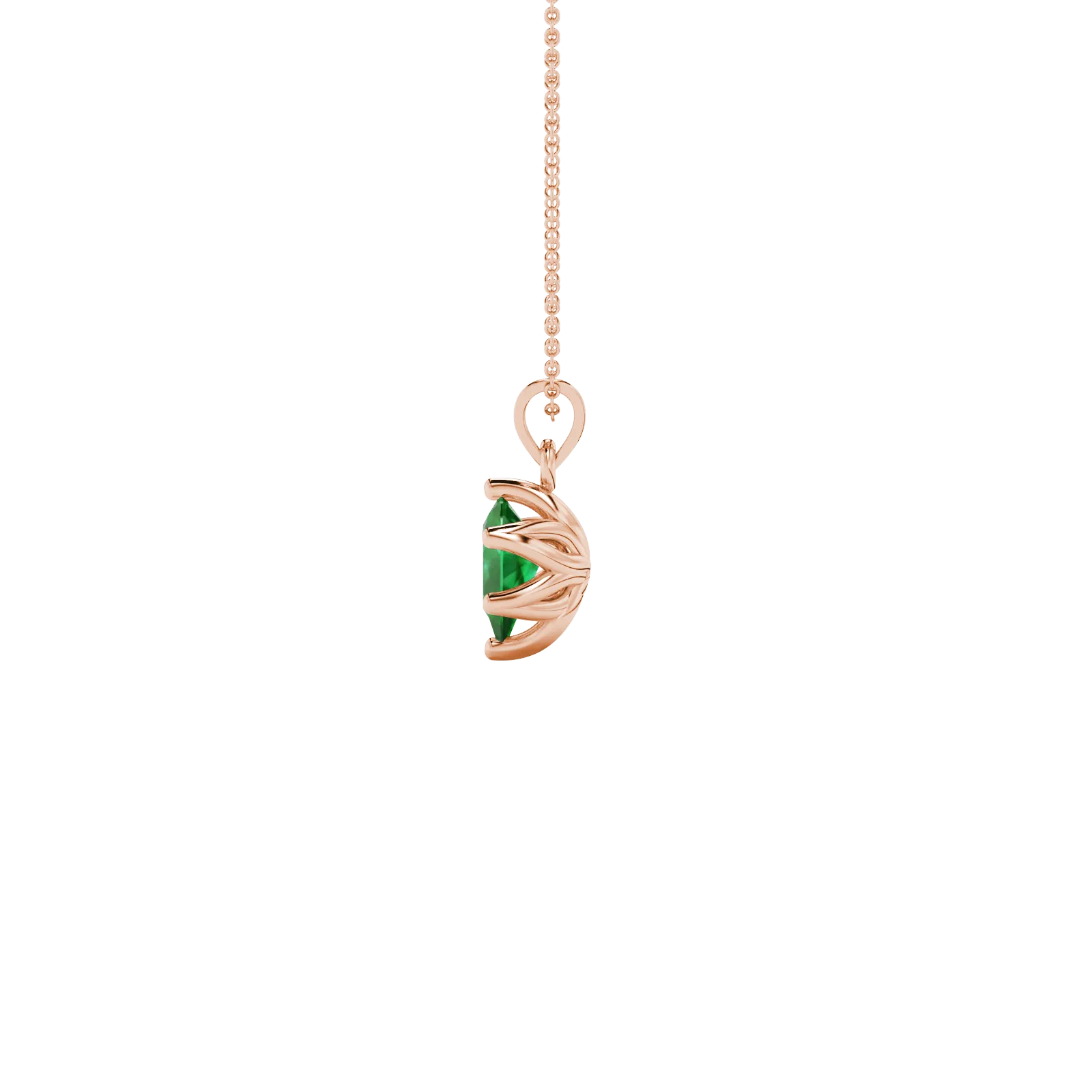 Side profile, rose gold emerald green pendant, scalloped six-prong gallery.