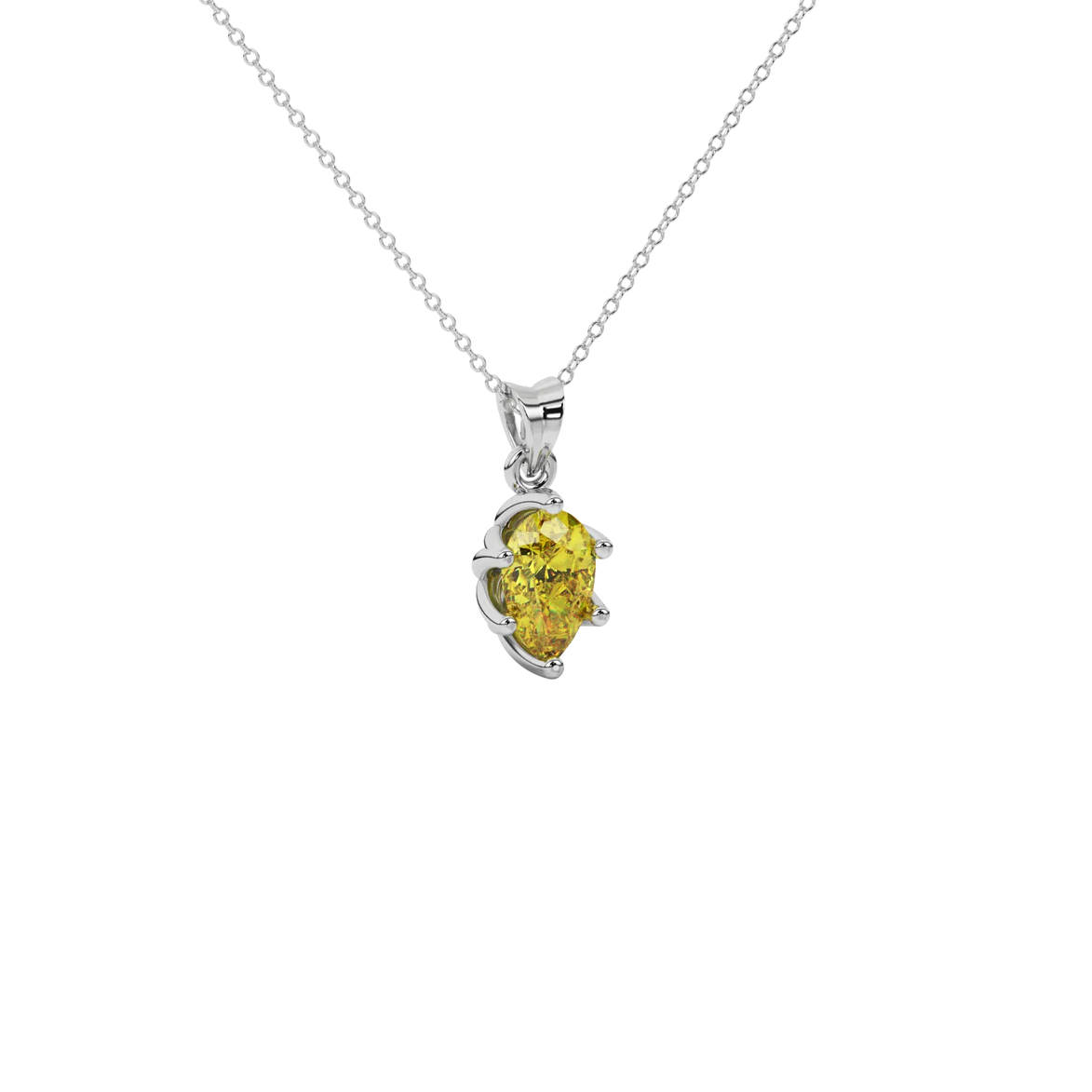 Close-up canary yellow gemstone, white gold scalloped setting
