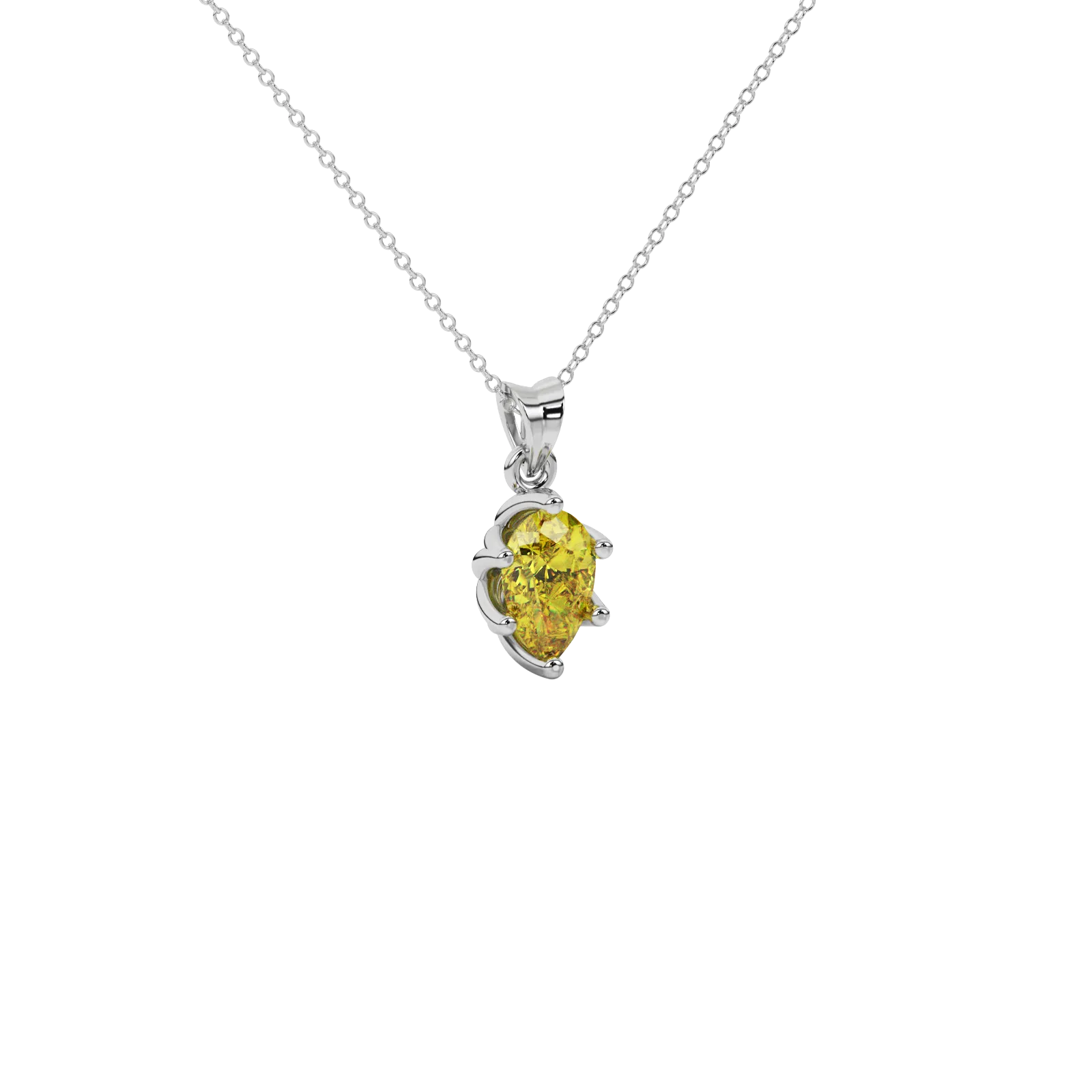 Close-up canary yellow gemstone, white gold scalloped setting