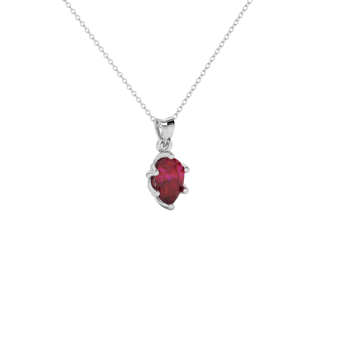 Close-up raspberry red gemstone, white gold scalloped setting.