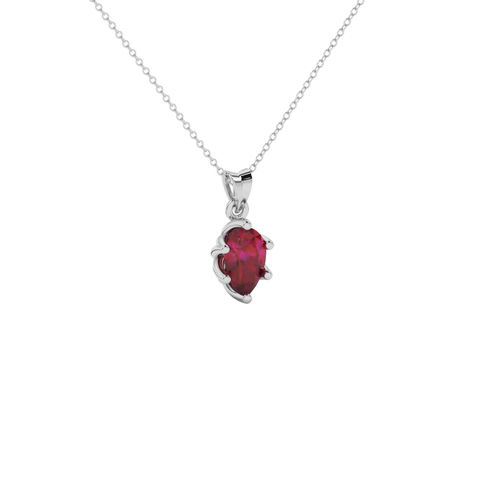 Close-up raspberry red gemstone, white gold scalloped setting.