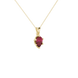 Close-up, pear shape raspberry red gemstone, yellow gold scalloped pendant.