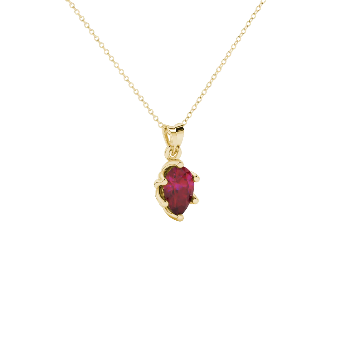 Close-up, pear shape raspberry red gemstone, yellow gold scalloped pendant.