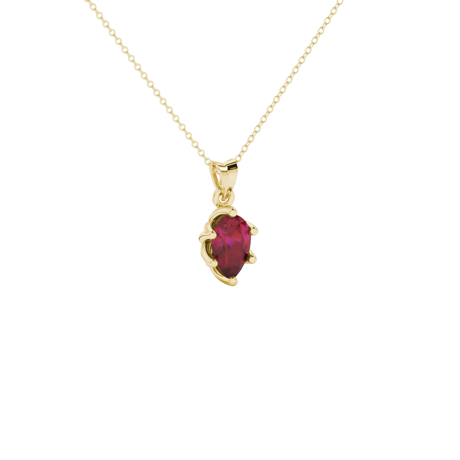 Close-up, pear shape raspberry red gemstone, yellow gold scalloped pendant.