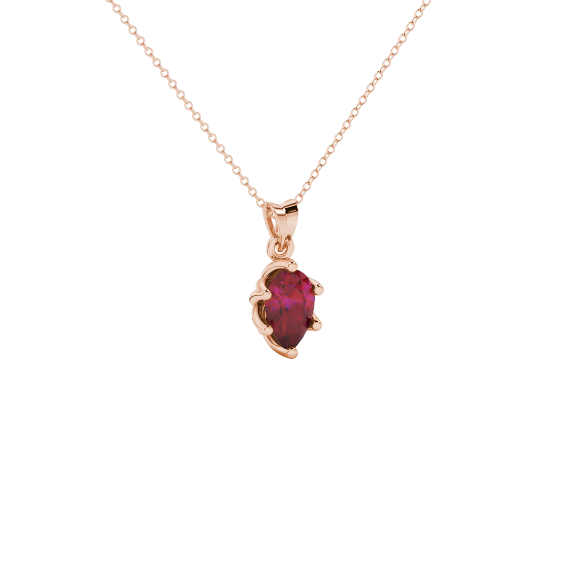 Close-up, pear shape raspberry red gemstone pendant, rose gold scalloped setting.