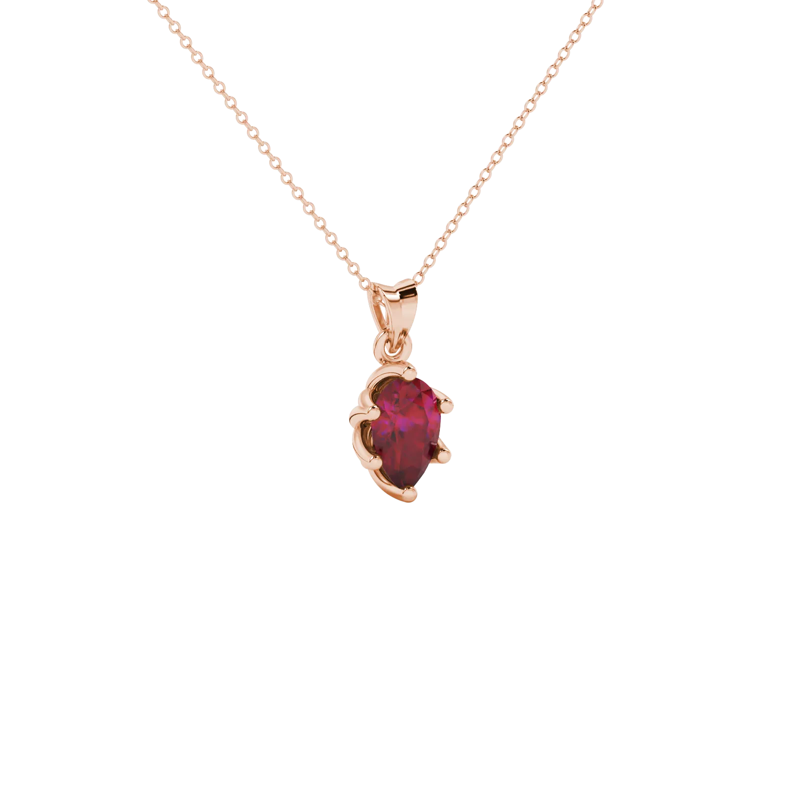 Close-up, pear shape raspberry red gemstone pendant, rose gold scalloped setting.
