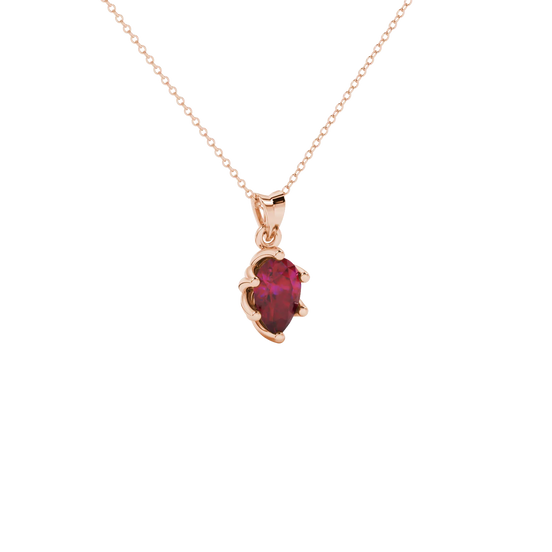 Close-up, pear shape raspberry red gemstone pendant, rose gold scalloped setting.